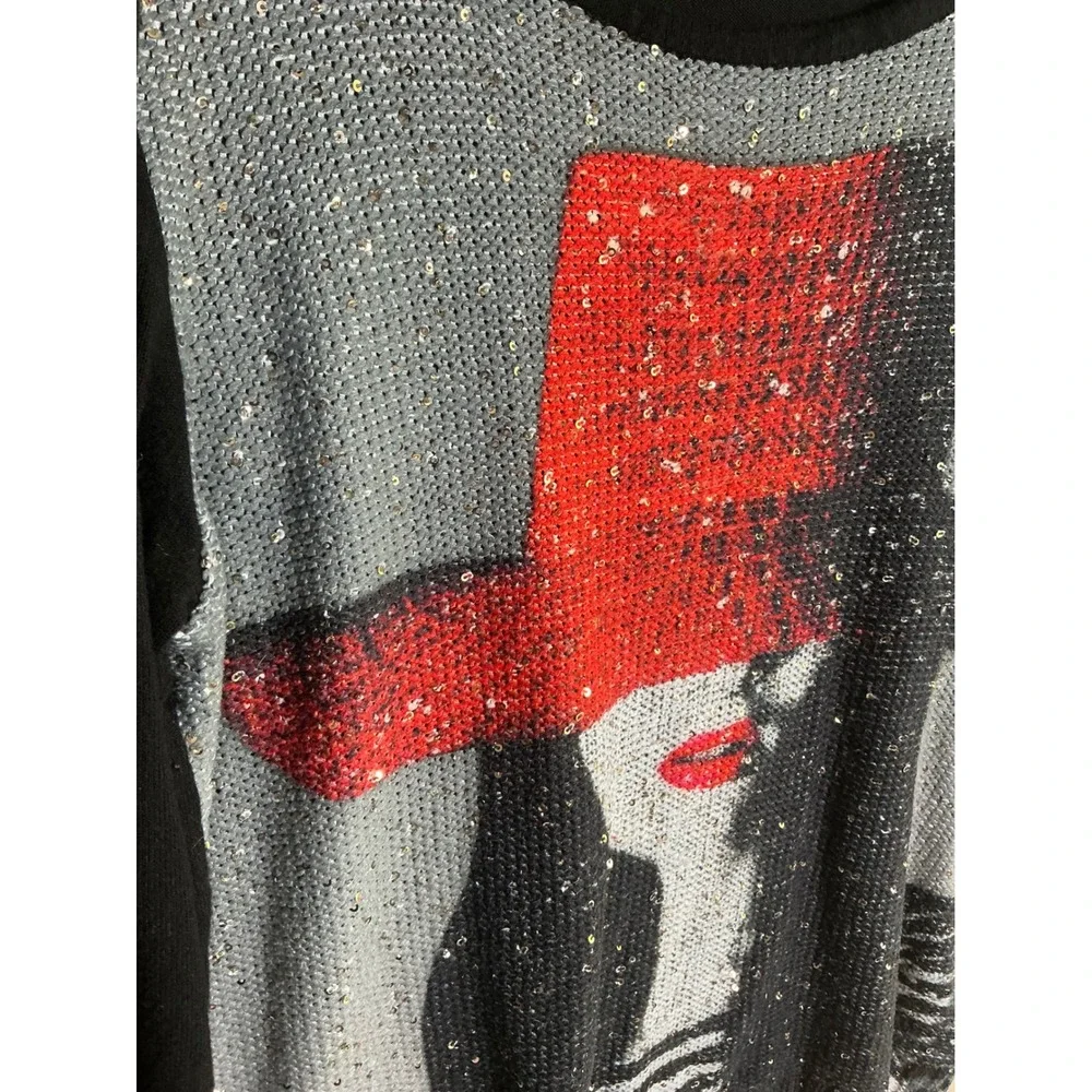 Tricotto Womens Large Black Red Hat Sequin Graphic Long Sleeve Knit Top Turkey - Picture 7 of 11